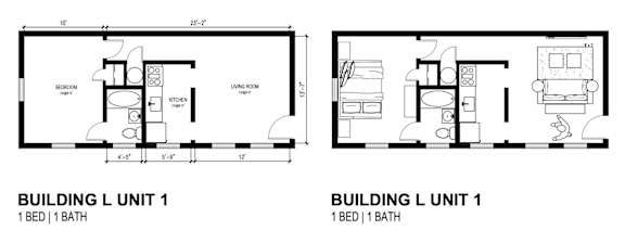 A floor plan of Building L Unit 1, showing a bedroom, a bathroom, a kitchen, and a living area. at Shipyard Shores Apartments, Apartments, Newport News, VA