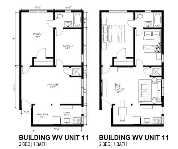A floor plan for a 2 bedroom, 1 bathroom unit. at Shipyard Shores Apartments, Newport News, 23607