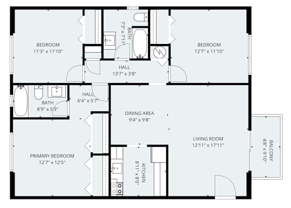 Floor Plan  A black and white image of a floor plan for a home with a living room, dining area, kitchen, and three bedrooms at Serenity Place Central, Tallahassee, FL, 32304