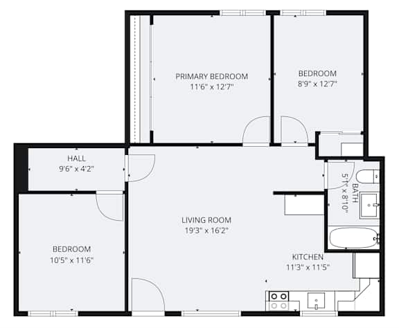A floor plan of a house with a living room, kitchen, two bedrooms, and a hallway.