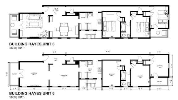 A floor plan of Building Hayes Unit 6, showing a 3 bedroom layout with 1 bathroom. at Shipyard Shores Apartments, Newport News