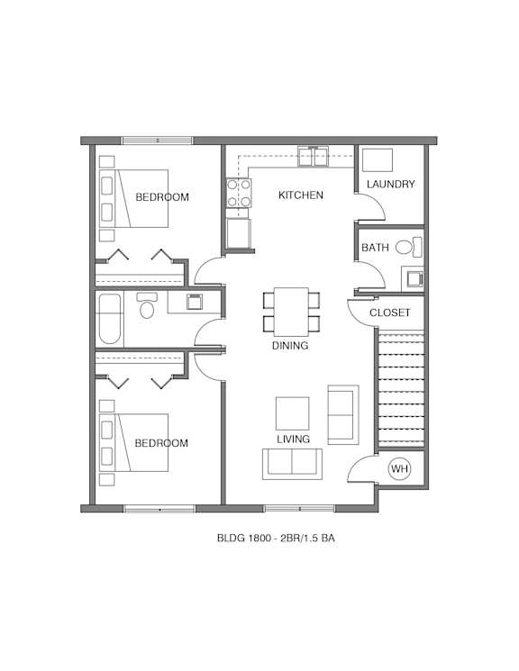A floor plan of a small apartment with two bedrooms, a living room, a kitchen, a bathroom, a laundry area, and a closet.