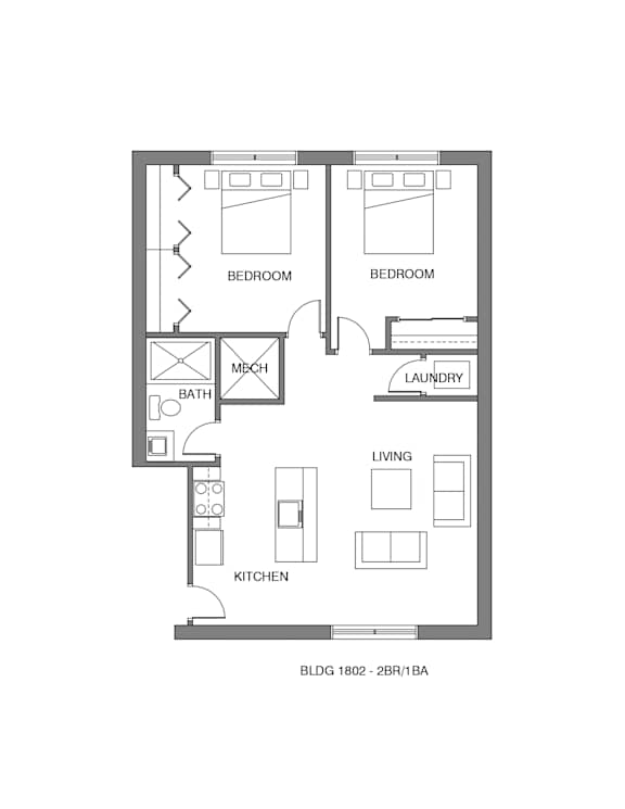 A floor plan of a two bedroom apartment with a living room, kitchen and laundry room.