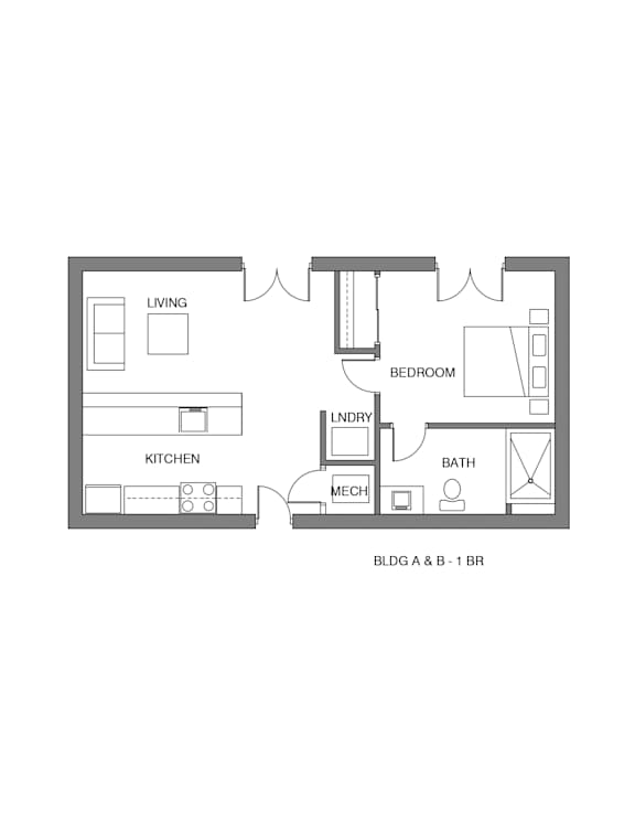 A floor plan of a one bedroom apartment with a kitchen and living room.