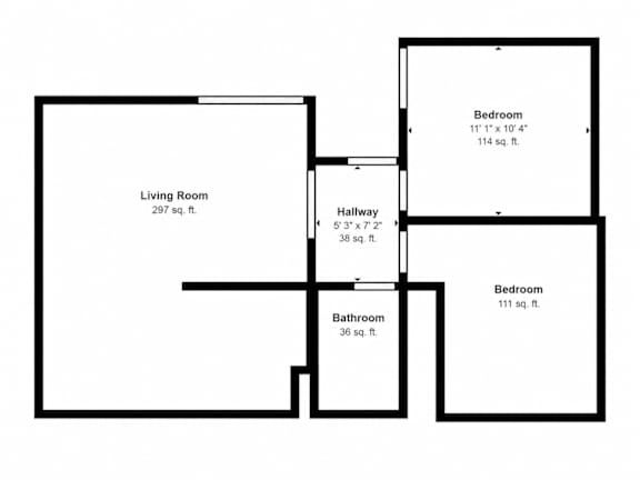 floor plan with a living room, two bedrooms, a bathroom, and a hallway.