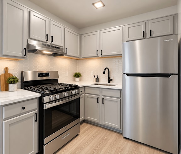 A modern kitchen with a stainless steel refrigerator, oven, and cabinets.
