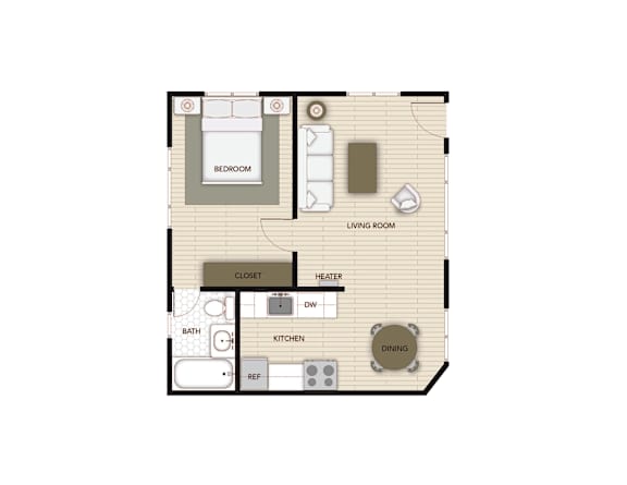 A floor plan of a small apartment with a bedroom, living room, kitchen, and bathroom.