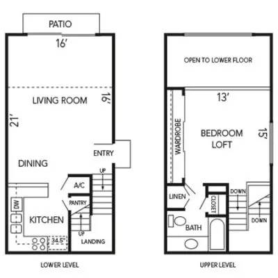 the floor plans of two floors of a house with a bedroom and a living room