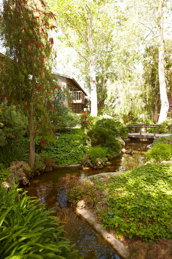 A small stream flows through a lush garden.at The Aspens South Coast, California