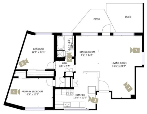 A floor plan of a house with a living room, dining room, kitchen, and several bedrooms.