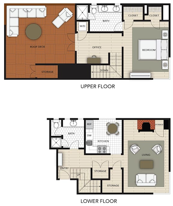 A diagram of a two-story house with labeled rooms.