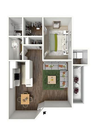 two bedroom floor plan with a bathroom and a kitchen