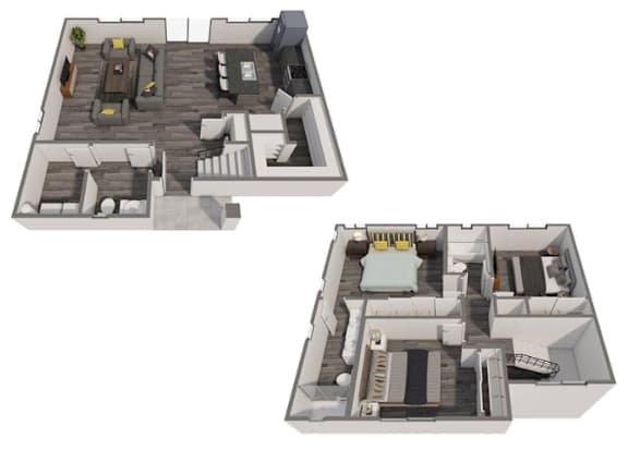 3 bed 2.5 bath rendering of upstairs and downstairs