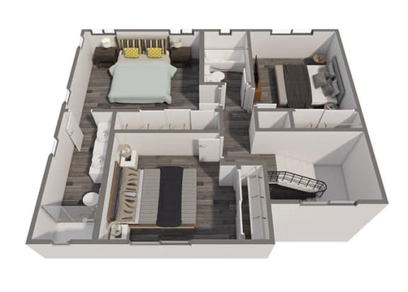 a 3d floor plan of a room with a bed and a couch