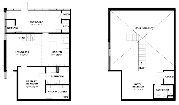 A floor plan of a house with a living area, kitchen, and bathrooms.