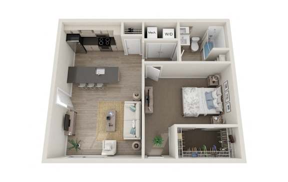 Floor Plan  A top-down view of a small apartment layout with a kitchen, living room, and bedroom.