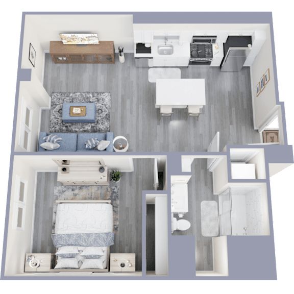 A top-down view of a modern bedroom with a bed, nightstand, and a wall-mounted TV.