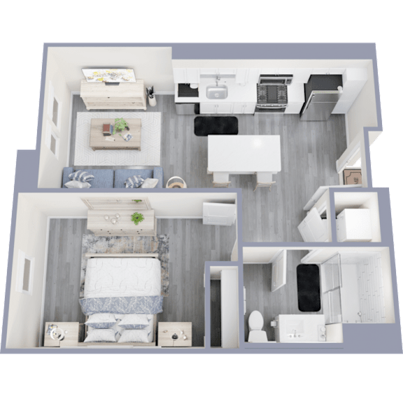 A top-down view of a small, neatly organized apartment with a bedroom, living room, and bathroom.
