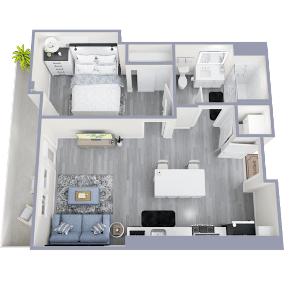 A top-down view of a modern apartment with a bedroom, living room, and kitchen.