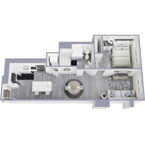 A 3D floor plan of a small apartment with a living room, kitchen, and bedroom.
