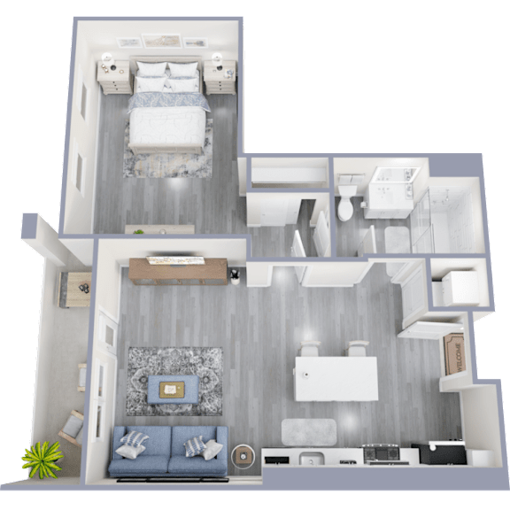 A 3D floor plan of a small apartment with a bedroom, living room, and kitchen.