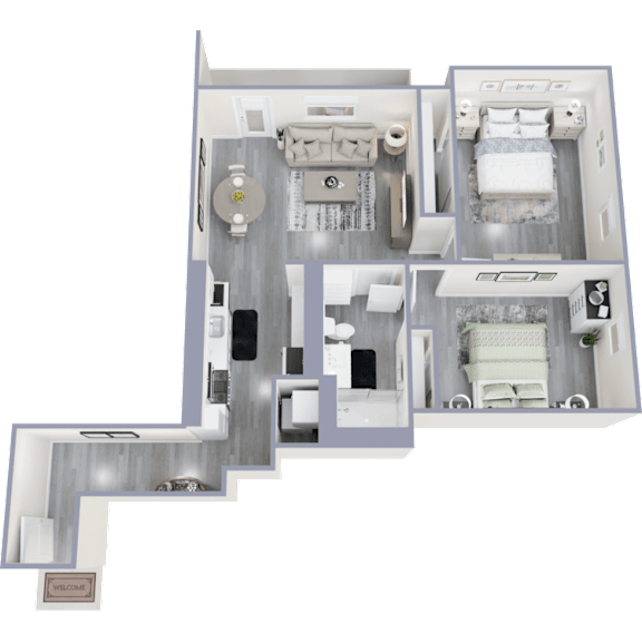 A well-furnished apartment layout with a bedroom, living room, kitchen, and bathroom.