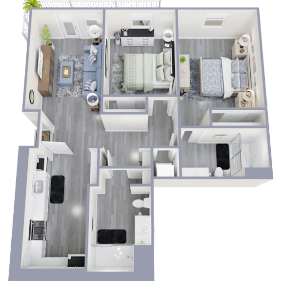 A 3D floor plan of a house with a living room, kitchen, dining room, and bedrooms.