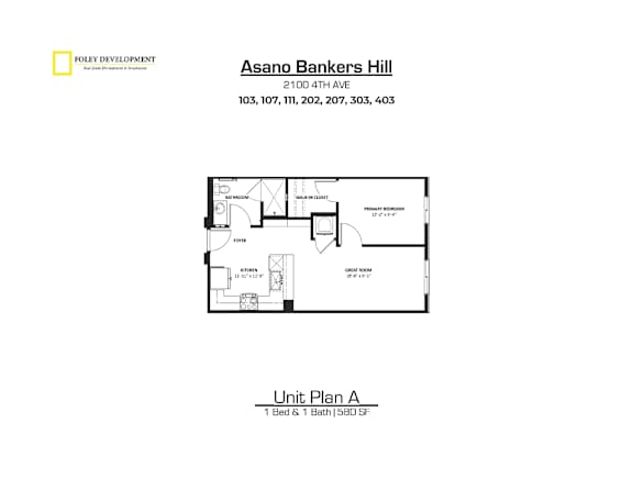 A drawing of a floor plan for a unit at Asano Bankers Hill.