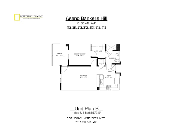 A drawing of a floor plan for a unit at Asano Bankers Hill.