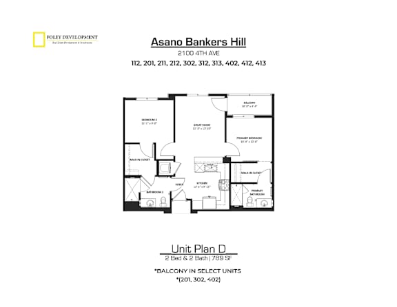A drawing of a floor plan for a unit at Asano Bankers Hill.
