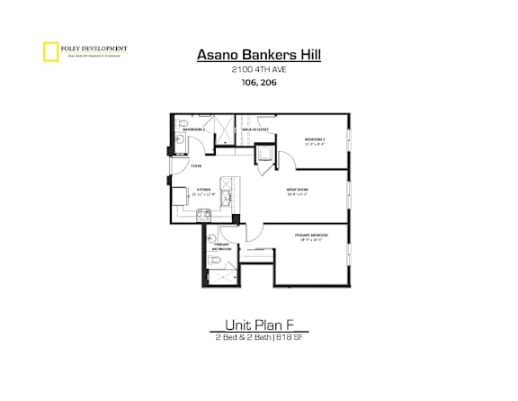A floor plan for a two bedroom, two bath unit at Asano Bankers Hill.