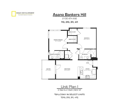 A drawing of a floor plan for a unit at Asano Bankers Hill.