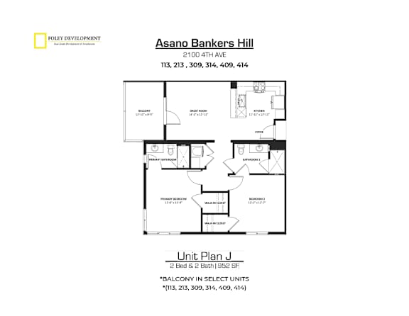 A drawing of a floor plan for a unit at Asano Bankers Hill.