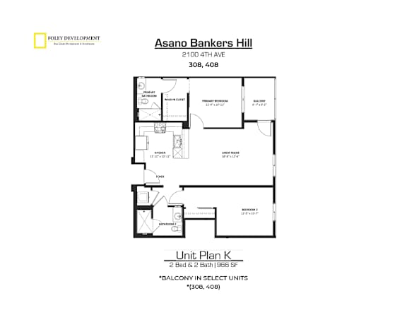 A drawing of a floor plan for a 2 bedroom and 2 bathroom unit at Asano Bankers Hill.