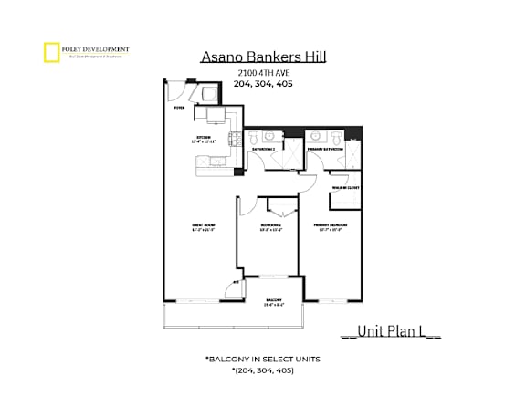 A floor plan for a unit at Asano Bankers Hill showing a living room, dining room, kitchen, and two bedrooms.