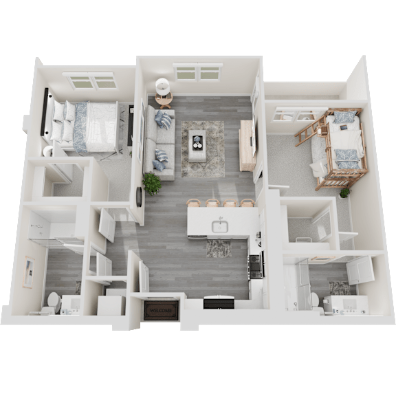 Floor Plan  A top-down view of a modern, white-walled house with a central living area and multiple bedrooms.