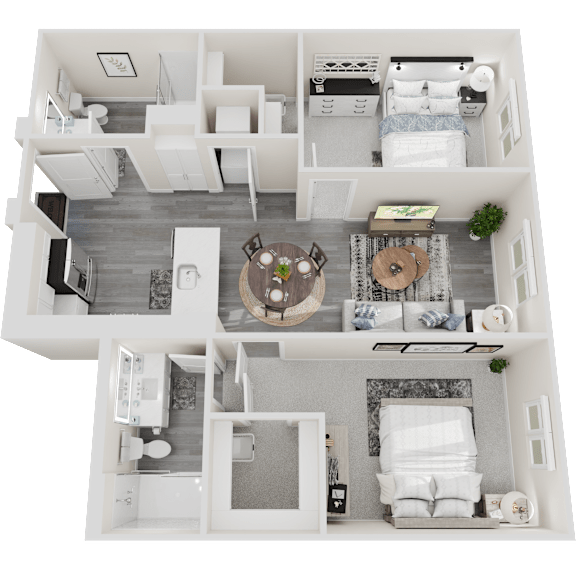 A top-down view of a modern, white-themed apartment with a living room, kitchen, dining area, and two bedrooms.