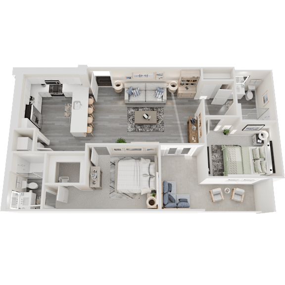 A 3D floor plan of a house with a living room, kitchen, and two bedrooms.