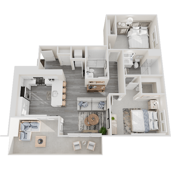 A top-down view of a modern, minimalist apartment with a living room, kitchen, and bedrooms.