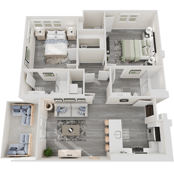 A 3D floor plan of a house showing a bedroom, living room, kitchen, and bathroom.