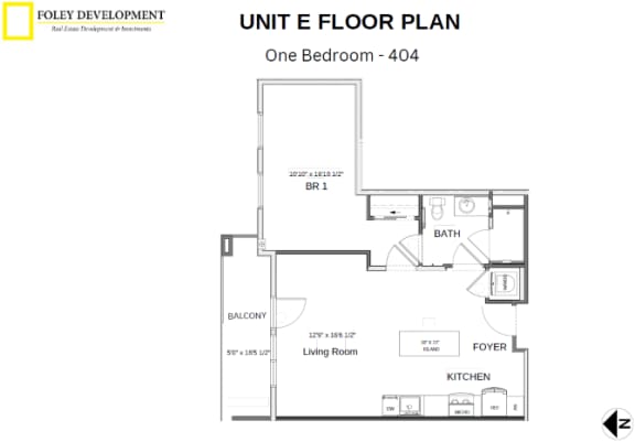 the unit e floor plan  one bedroom 404