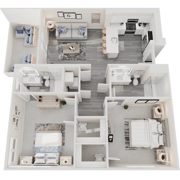 A 3D floor plan of a house showing a living room, kitchen, and two bedrooms.