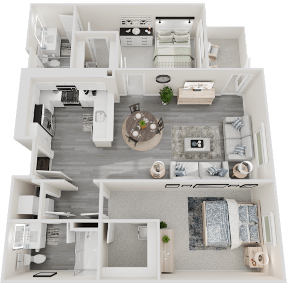A 3D floor plan of a modern apartment with a living room, kitchen, and bedrooms.