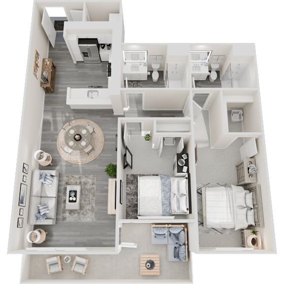 A top-down view of a modern apartment layout with a living room, kitchen, dining area, and bedrooms.