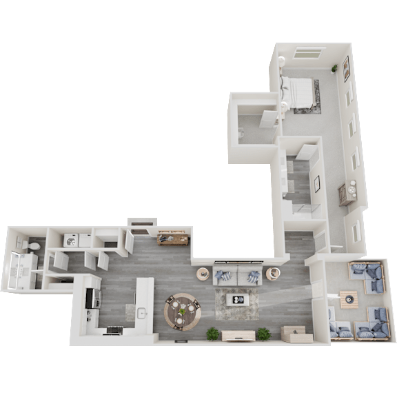 Floor Plan  A 3D rendered image of a modern house layout.