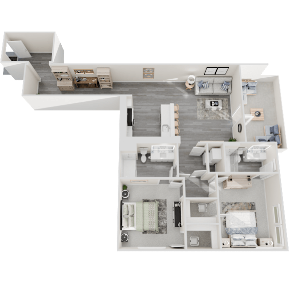 A 3D floor plan of a house with multiple bedrooms and a living area.