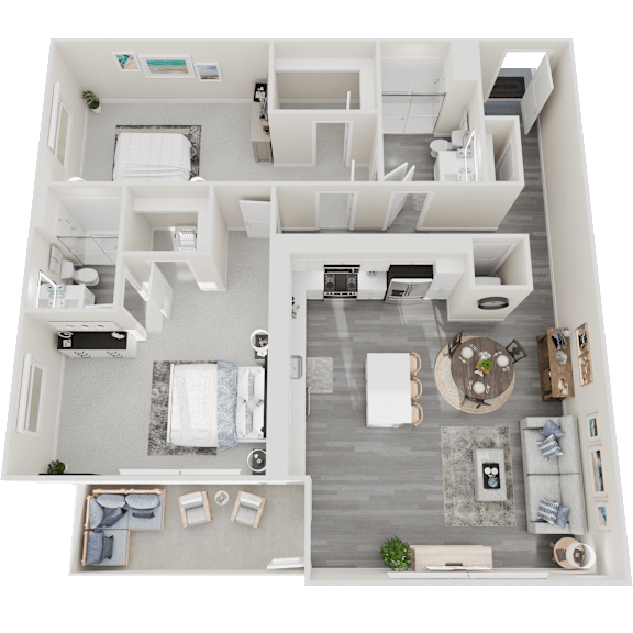 A top-down view of a modern apartment layout with a living room, kitchen, and bedrooms.