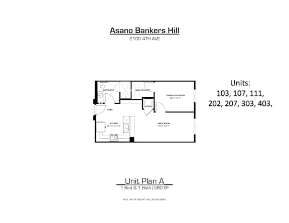 A drawing of a floor plan for a unit at Asano Bankers Hill.