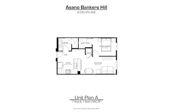 A drawing of a floor plan for a 1 bedroom and 1 bathroom apartment.