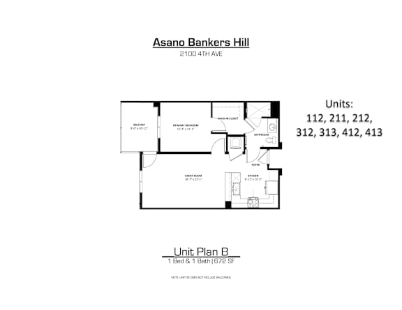 A drawing of a floor plan for a unit at Asano Bankers Hill.